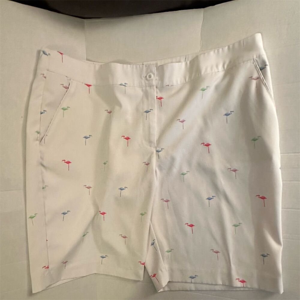 Greg Norman Women's White Embroidered Flamingo Chino Shorts Plus Size 14